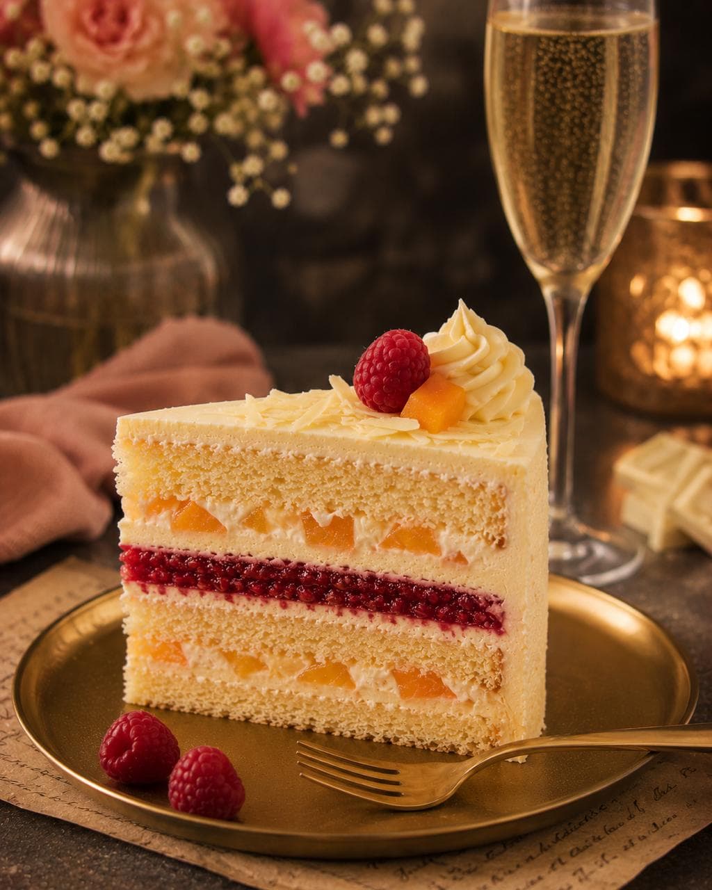 Sommerfrische-Torte mit Vanille-Buttercreme, Pfirsichen und Himbeereinlage von Bavaria Cake Landshut