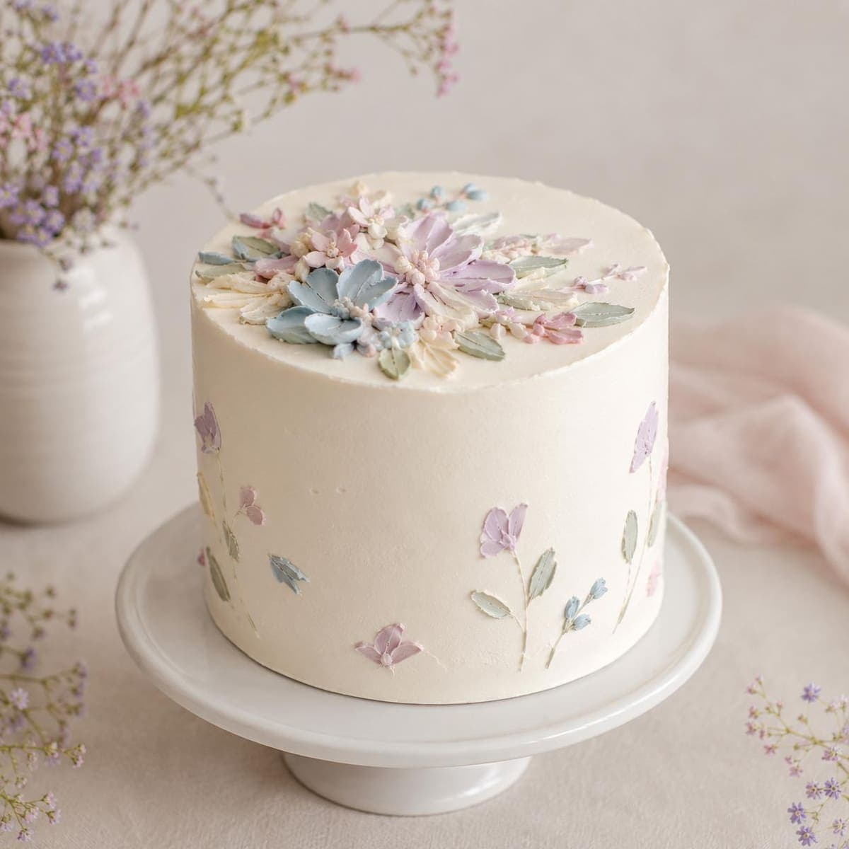 Buttercreme-Torte mit pastellfarbenen blauen und lila Blüten