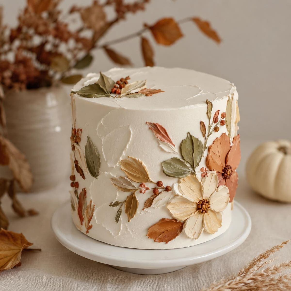 Herbstliche Buttercreme-Torte mit terrakottafarbenen Blättern