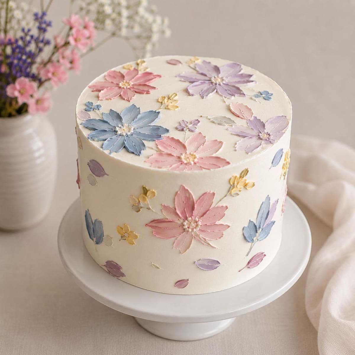 Vintage Cake mit großen rosa, violetten und blauen Buttercreme-Blüten