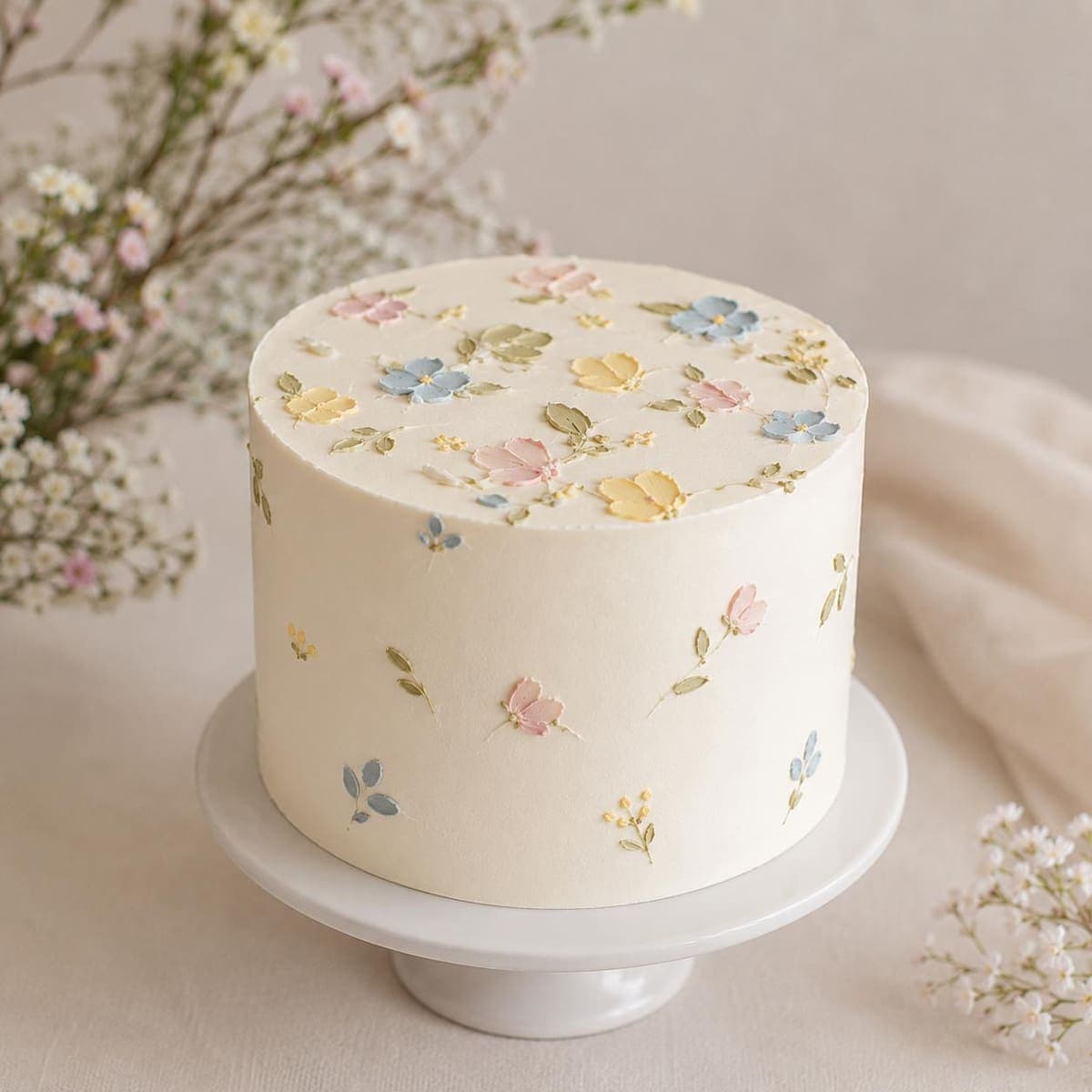 Zarte Vintage Cake mit kleinen Pastellblüten rundum