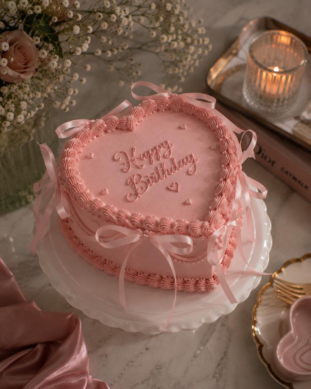 Vintage Lambeth Cake pink Herzform – Happy Birthday mit Buttercreme-Rosetten und Schleifen