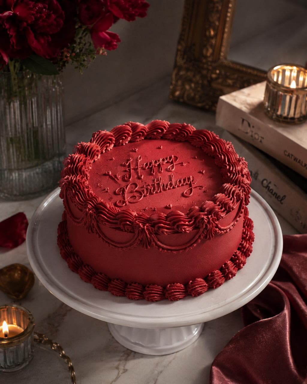 Lambeth Cake dunkelrot rund – Happy Birthday mit klassischen Spritz-Bordüren