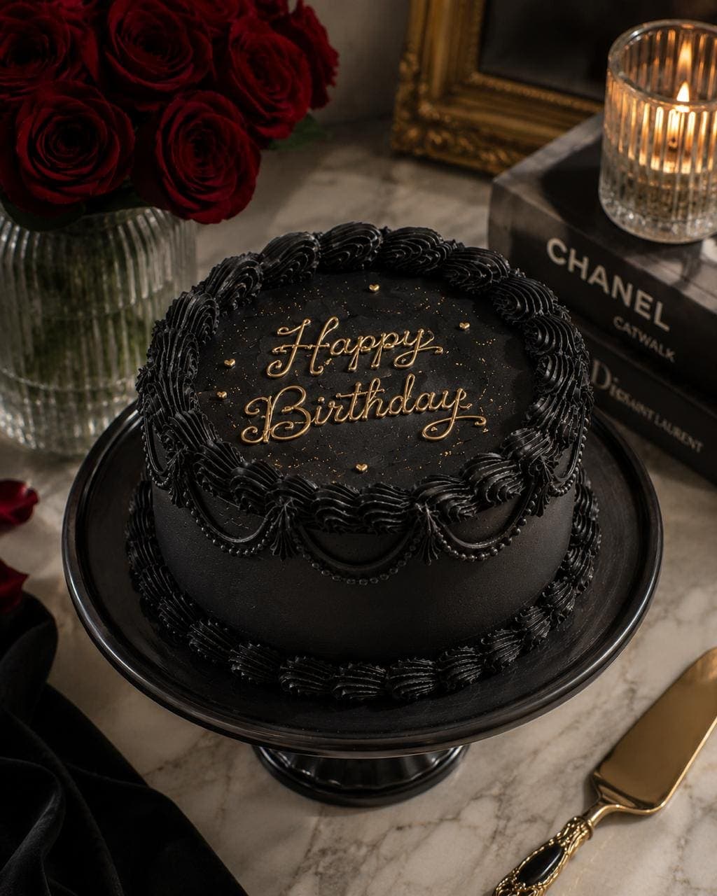 Lambeth Cake schwarz mit goldener Schrift – Happy Birthday in elegantem Stil