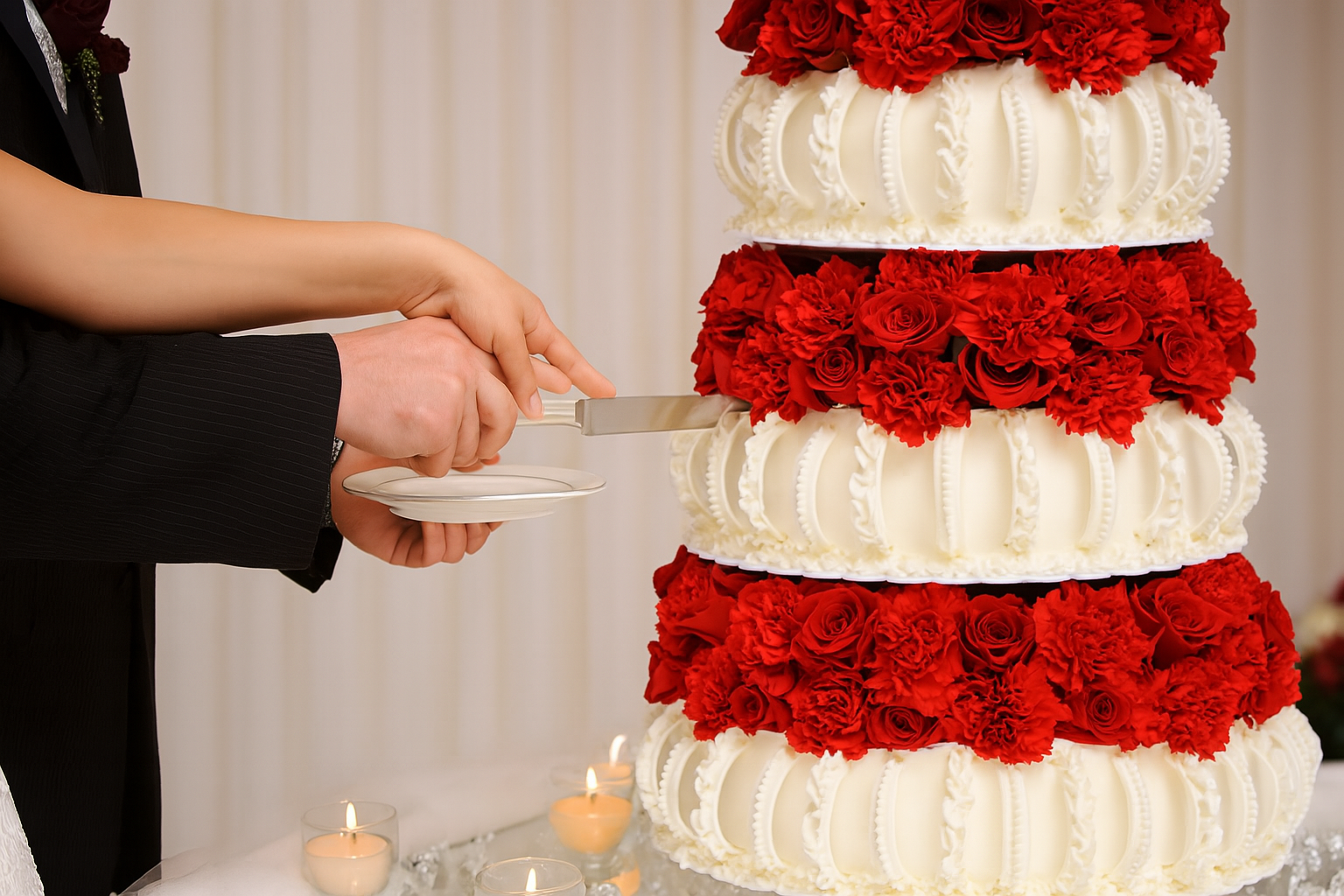 Romantischer Moment beim Anschneiden einer eleganten Hochzeitstorte - Bavaria Cake Konditorei Landshut