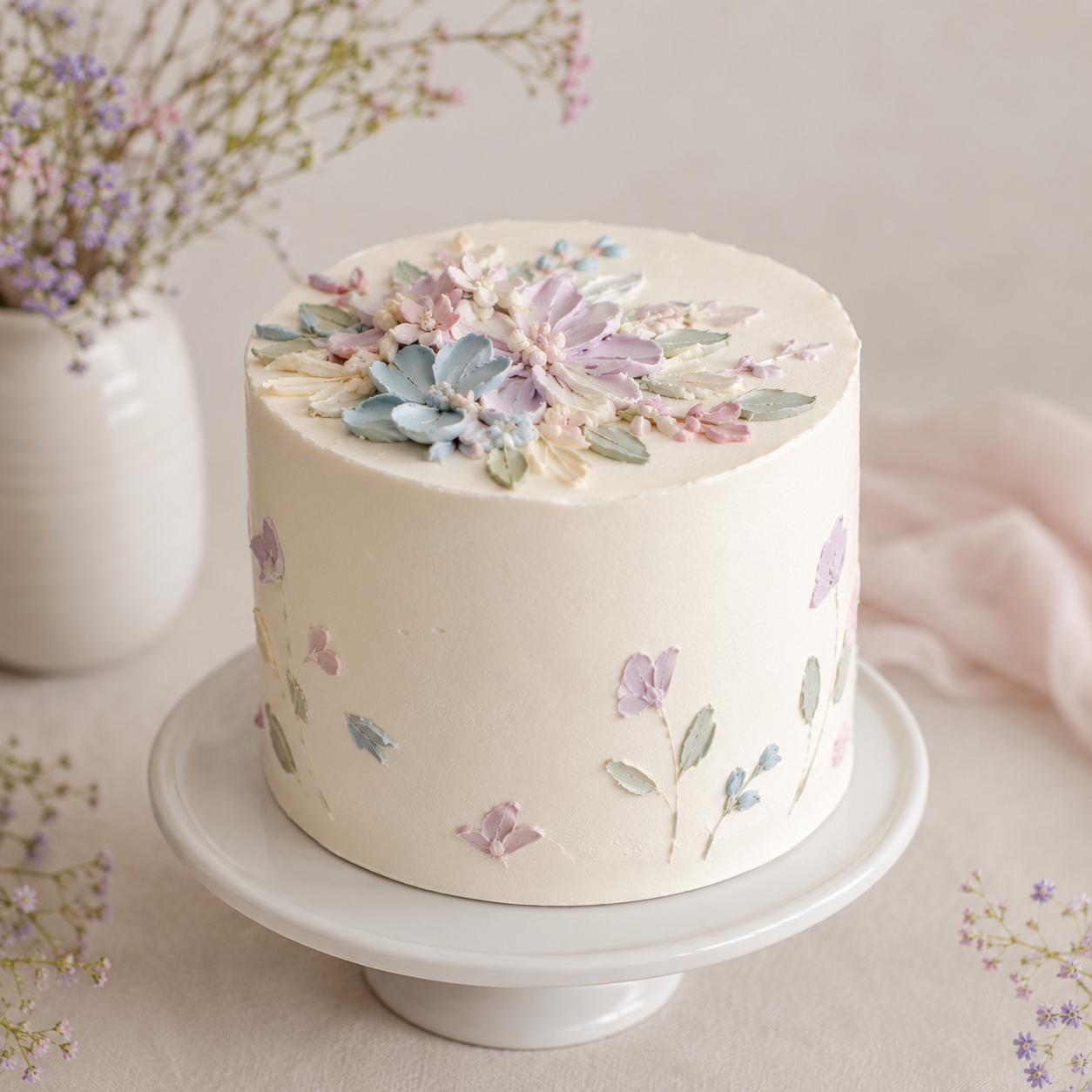 Buttercreme-Torte mit pastellfarbenen blauen und lila Blüten