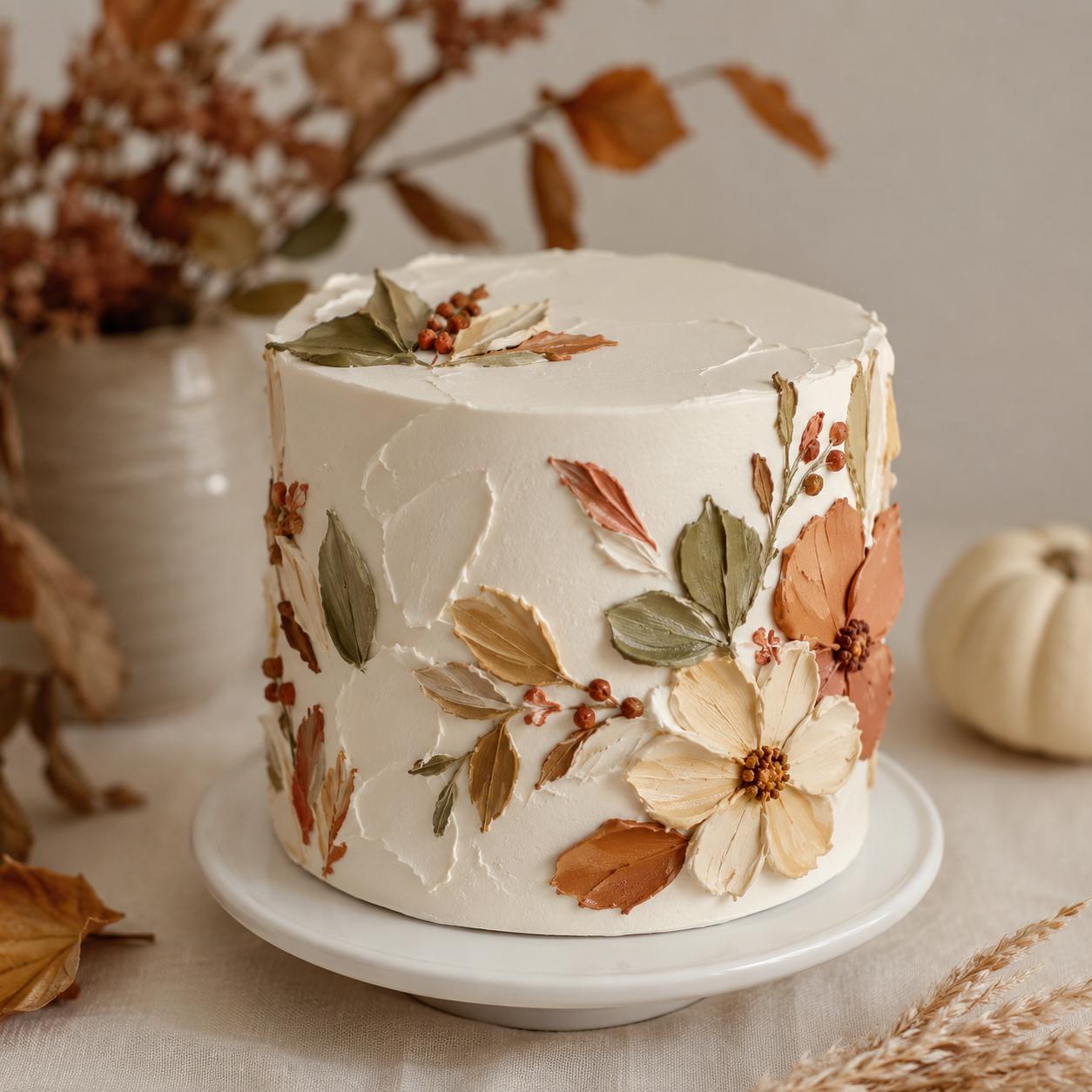 Herbstliche Buttercreme-Torte mit terrakottafarbenen Blättern