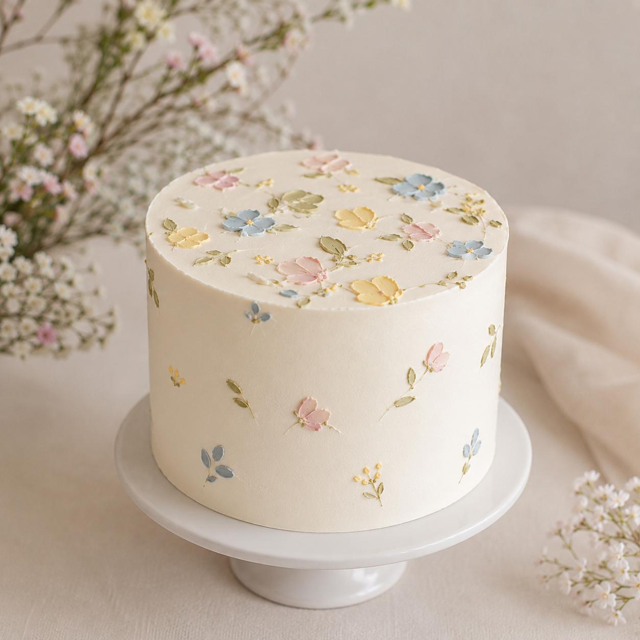 Zarte Vintage Cake mit kleinen Pastellblüten rundum